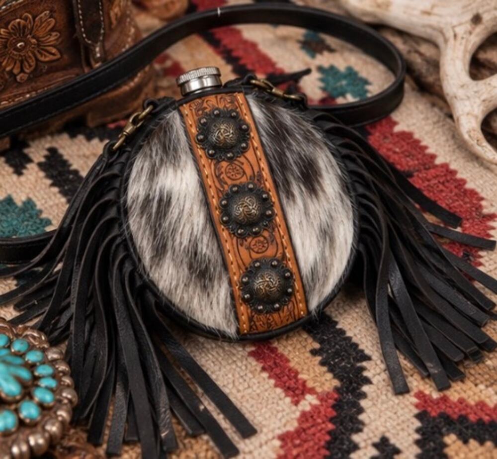 Handmade Long-Hair Cowhide Western 2 Shot Canteen Crossbody with Fringe – 4 Inch